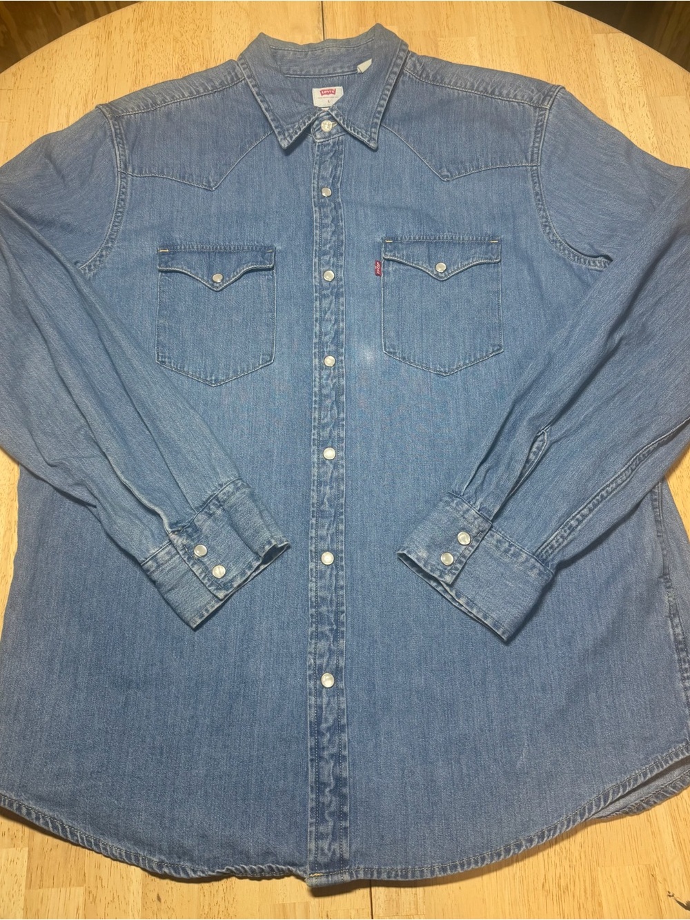 Levi’s Mens Large Western Pearl Snap Denim Shirt Blue Long Sleeve Cowboy Ranch - Picture 5 of 12
